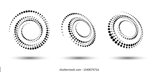 Halftone circle frame, abstract dots logo emblem design element for any project. Round border icon or backgroud. Vector EPS10 illustration. Abstract dotted halftone vector with differents perspective