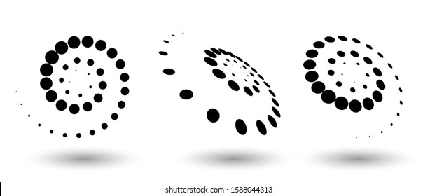 Halftone circle frame, abstract dots logo emblem design element for any project. Round border icon or backgroud. Vector EPS10 illustration. Abstract dotted halftone vector with differents perspective