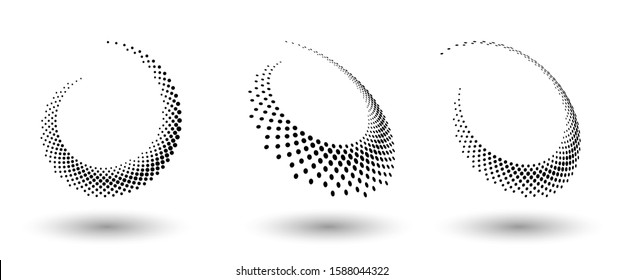 Halftone circle frame, abstract dots logo emblem design element for any project. Round border icon or backgroud. Vector EPS10 illustration. Abstract dotted halftone vector with differents perspective