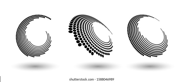 Halftone circle frame, abstract dots logo emblem design element for any project. Round border icon or backgroud. Vector EPS10 illustration. Abstract dotted halftone vector with differents perspective