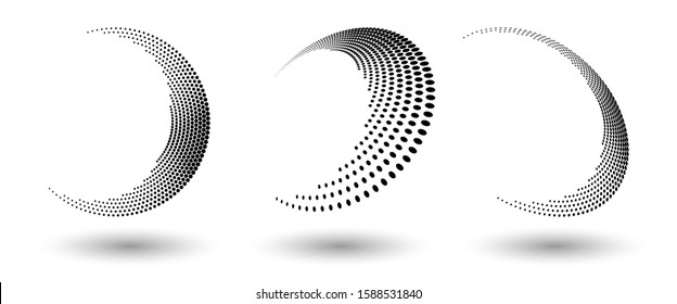 Halftone circle frame, abstract dots logo emblem design element for any project. Round border icon or backgroud. Vector EPS10 illustration. Abstract dotted halftone vector with differents perspective