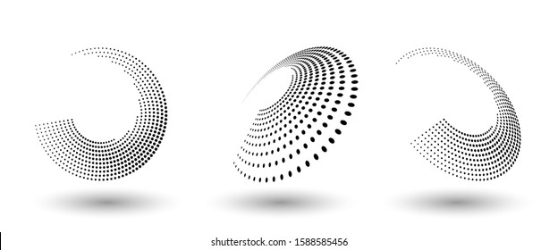 Halftone circle frame, abstract dots logo emblem design element for any project. Round border icon or backgroud. Vector EPS10 illustration. Abstract dotted halftone vector with differents perspective