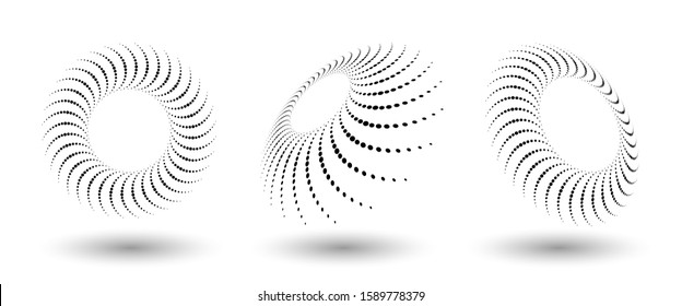 Halftone circle frame, abstract dots logo emblem design element for any project. Round border icon or backgroud. Vector EPS10 illustration. Abstract dotted halftone vector with differents perspective