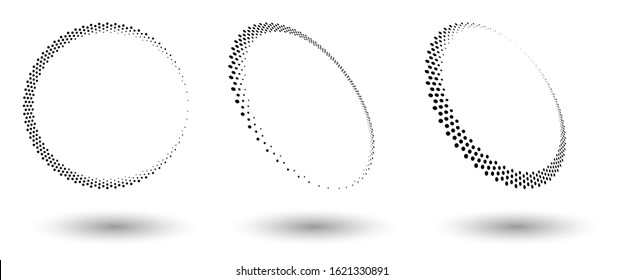 Halftone circle frame, abstract dots logo emblem design element for any project. Round border icon or backgroud. Vector EPS10 illustration. Abstract dotted halftone vector with differents perspective