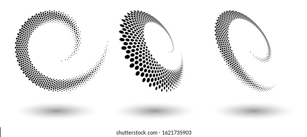 Halftone circle frame, abstract dots logo emblem design element for any project. Round border icon or backgroud. Vector EPS10 illustration. Abstract dotted halftone vector with differents perspective