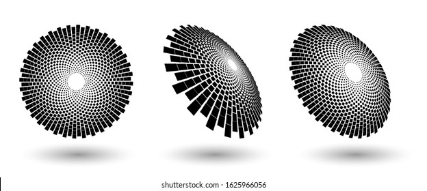 Marco de círculo de semitono, elemento de diseño del emblema del logotipo de puntos abstractos para cualquier proyecto. Icono de borde redondo o fondo. Ilustración del vector EPS10. Resumen vector de semitono de puntos con perspectiva diferente
