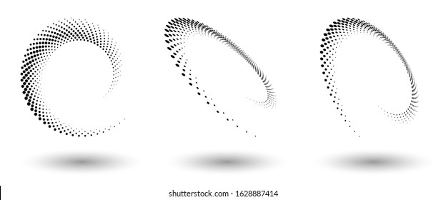 Marco de círculo de semitono, elemento de diseño del emblema del logotipo de puntos abstractos para cualquier proyecto. Icono de borde redondo o fondo. Ilustración del vector EPS10. Resumen vector de semitono de puntos con perspectiva diferente
