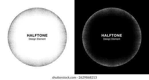 Halftone Circle Frame Abstract Dots Logo Emblem Design Element For Medical, Treatment, Cosmetic. Round Border Icon Using Halftone Circle Dots Raster Texture. Vector Emblem.