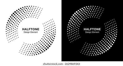 Halftone Circle Frame Abstract Dots Logo Emblem Design Element For Medical, Treatment, Cosmetic. Round Border Icon Using Halftone Circle Dots Raster Texture. Vector Emblem.