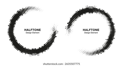 Halftone Circle Frame Abstract Dots Logo Emblem Design Element for Medical, Treatment, Cosmetic. Grunge Round Border Icon Using Halftone Circle Dots Raster Texture. Vector Emblem.