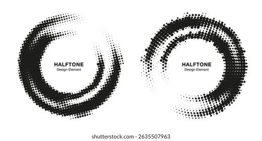 Halftone Circle Frame Abstract Dots Logo Emblem Design Element for Medical, Treatment, Cosmetic. Grunge Round Border Icon Using Halftone Circle Dots Raster Texture. Vector Emblem.
