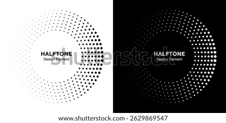 Halftone Circle Frame Abstract Dots Logo Emblem Design Element For Medical, Treatment, Cosmetic. Round Border Icon Using Halftone Circle Dots Raster Texture. Vector Emblem.
