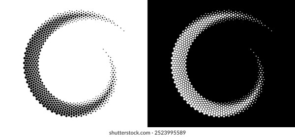 Marco de círculo de semitono, logotipo punteado abstracto, icono o fondo, emblema, elemento de diseño para cualquier proyecto. Forma negra sobre un fondo blanco y la misma forma blanca en el lado negro.