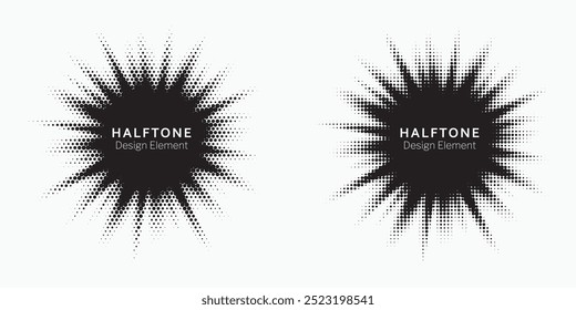 Halftone circle frame background set. Round border Icon using halftone random circle. Grunge circular stain. Vector illustration.