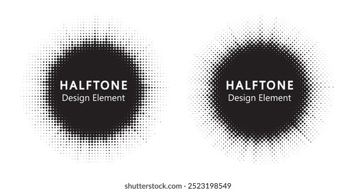 Halftone circle frame background set. Round border Icon using halftone random circle. Grunge circular stain. Vector illustration.