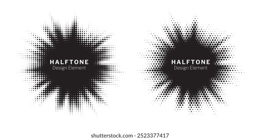 Halftone circle frame background set. Round border Icon using halftone random circle. Grunge circular stain. Vector illustration.