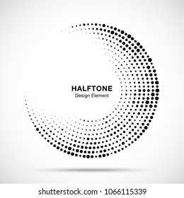 Halftone circle frame with black abstract random dots, logo emblem design element for technology, medical, treatment, cosmetic. Round border Icon using halftone circle dots raster texture. Vector.