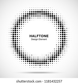 Halftone circle frame dots logo emblem. Design element for medical, treatment, cosmetic. Round border Icon using halftone circle dots raster texture. Vector illustration.