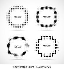 Halftone circle frame dots logo emblem set isolated on white background. Circular Design element for medical, treatment, technology. Round border Icon using halftone circle dots texture. Vector