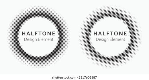 Halftone circle frame dotted background set. Round border Icon using halftone circle dots raster texture. Grunge circular stain. Vector illustration. Dotted design element.