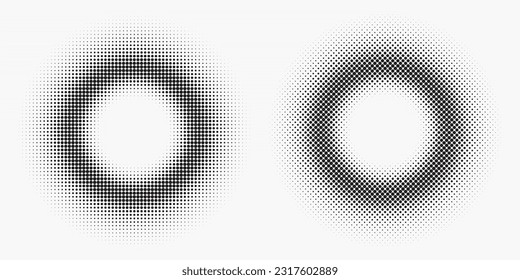 Halftone circle frame dotted background set. Round border Icon using halftone circle dots raster texture. Grunge circular stain. Vector illustration. Dotted design element.