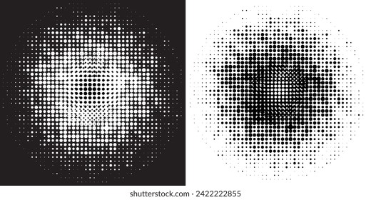 Halftone circle frame dotted background set. Round border Icon using halftone random circle dots raster texture. Grunge circular stain. Vector illustration. modern dots arts