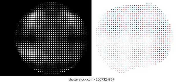 Halftone circle frame dotted background set. Round border Icon using halftone random circle dots raster texture. Grunge circular stain. Vector illustration.