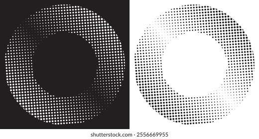 Halftone circle frame dotted background set. Modern abstract background. Halftone dots in circle form. Design element. Grunge circular stain. Vector illustration.