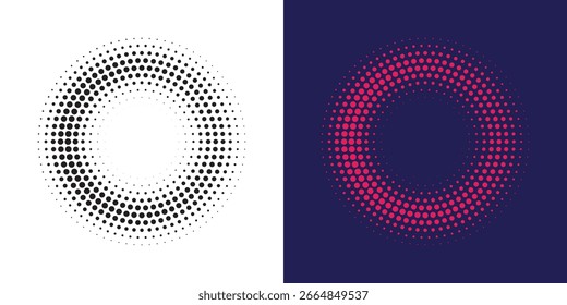 Conjunto de fondo punteado de marco de círculo de semitono. Icono de borde redondo con textura de trama de puntos de círculo rojo de medio tono. Tinción circular Grunge. Ilustración vectorial.