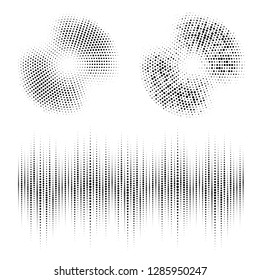 Halftone circle frame dotted backgrounds set. Round border Icon using halftone circle dots raster texture. Grunge circular stain collection. Audio equalizer. Vector illustration.