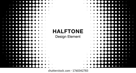 Halftone circle frame horizontal background. Black circular border using halftone dots texture. Vector illustration.