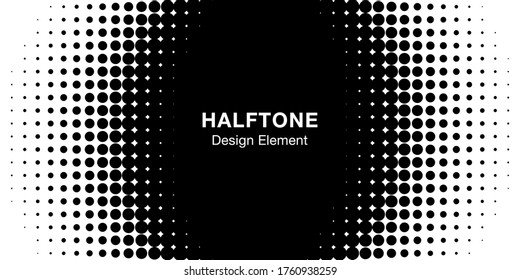 Halftone circle frame horizontal background. Black circular border using halftone dots texture. Vector illustration.