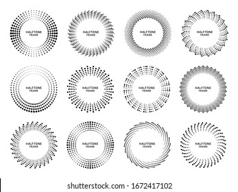 Halftone circle frame. Retro round frame with halftones dots gradient, dotted circles shapes abstract geometric dots vector set. Circle half dot, gradient geometric round, logo illustration company
