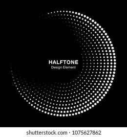 Halftone circle frame with white abstract dots on black background. Logo design element for technology, medical, treatment. Round border using halftone circle dots raster texture. Vector.