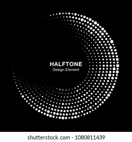 Halftone circle frame with white abstract random dots on black background. Logo design element for technology, medical, treatment. Round border using halftone circle dots raster texture. Vector.