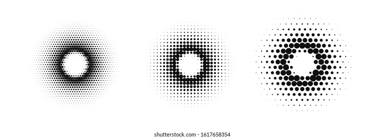 Halftone Circle Frames. Abstract Dots Emblem Design Element for Graphic Design. Round Border Collection. Vector illustration.