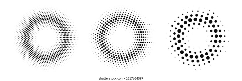 Halftone Circle Frames. Abstract Dots Emblem Design Element for Graphic Design. Round Half Tone Border Collection. Vector Illustration.