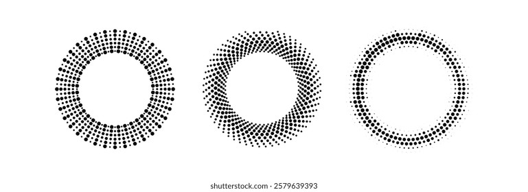 Halftone circle frames abstract dots logo emblem design element for medical, treatment, cosmetic. Round border Icon using halftone circle dots raster texture. Vector illustration.