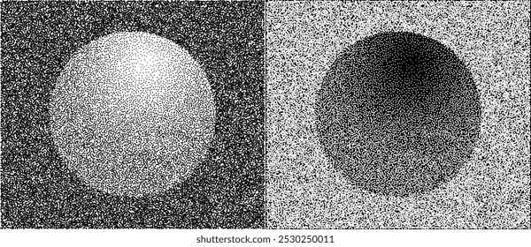Halftone circle with gradient as background. Abstract vector circle  with dots. Black dots on a white background and the same white dots on the black side.