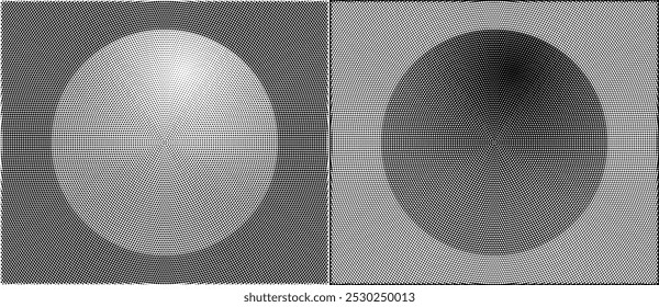 Halftone circle with gradient as background. Abstract vector circle  with dots. Black dots on a white background and the same white dots on the black side.