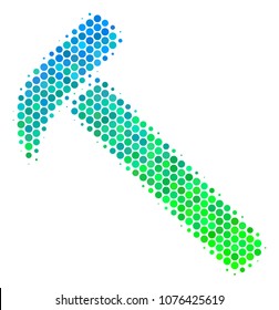 Halftone circle Hammer pictogram. Icon in green and blue color hues on a white background. Vector pattern of hammer icon made of round items.