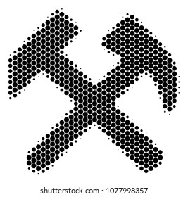 Halftone circle Hammers icon. Pictogram on a white background. Vector concept of hammers icon created of spheric pixels.