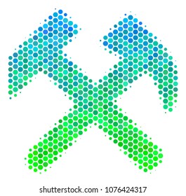 Halftone circle Hammers pictogram. Icon in green and blue color hues on a white background. Vector pattern of hammers icon made of spheric dots.