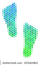 Halftone circle Human Footprints pictogram. Pictogram in green and blue color tinges on a white background. Vector collage of human footprints icon made of sphere items.