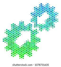 Halftone circle Integration pictogram. Icon in green and blue color tones on a white background. Vector pattern of integration icon created of sphere pixels.