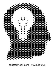 Halftone circle Intellect Bulb icon. Pictogram on a white background. Vector collage of intellect bulb icon made of spheric elements.