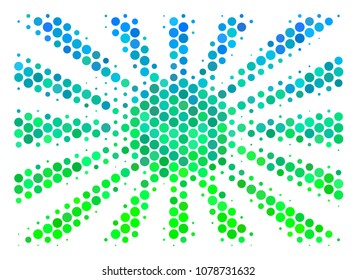 Halftone circle Japanese Rising Sun icon. Pictogram in green and blue color tones on a white background. Vector mosaic of japanese rising sun icon constructed of round pixels.