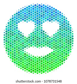 Halftone circle Lady Love Smiley pictogram. Pictogram in green and blue shades on a white background. Vector composition of lady love smiley icon constructed of circle items.