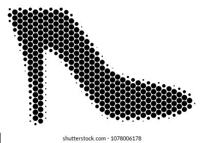 Halftone circle Lady Shoe icon. Pictogram on a white background. Vector composition of lady shoe icon combined of spheric pixels.