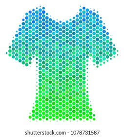 Halftone circle Lady T-Shirt icon. Icon in green and blue color tints on a white background. Vector collage of lady t-shirt icon combined of round pixels.